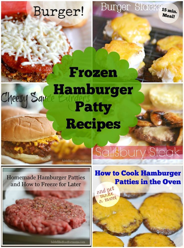 some hamburger patties and burgers are on the grill with text overlay that says frozen hamburger patty recipes