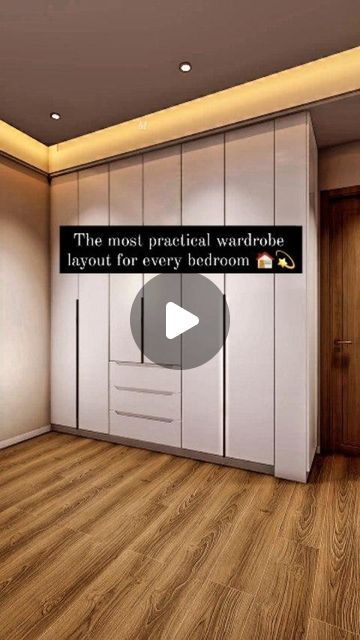 an empty room with wooden floors and white cabinets on the wall, there is a sign that says the most practical wordhole layout for every bedroom