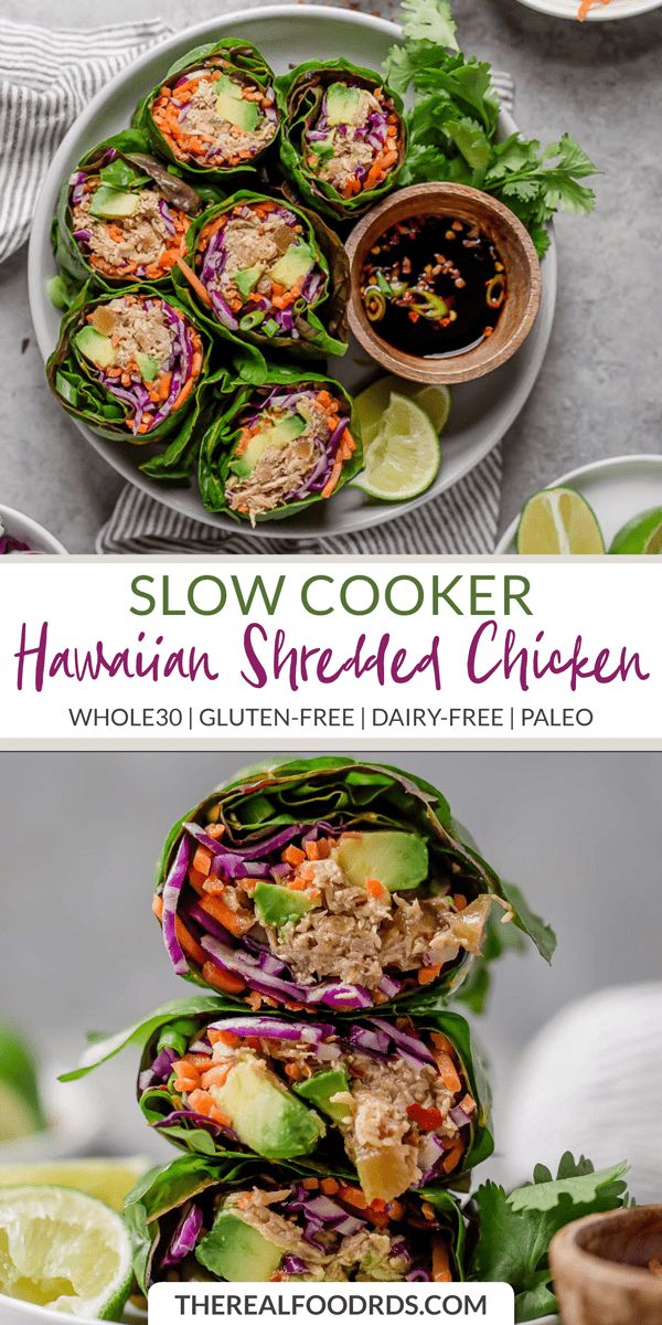 the recipe for slow cooker hawaiian shredded chicken is shown in two separate images, one with