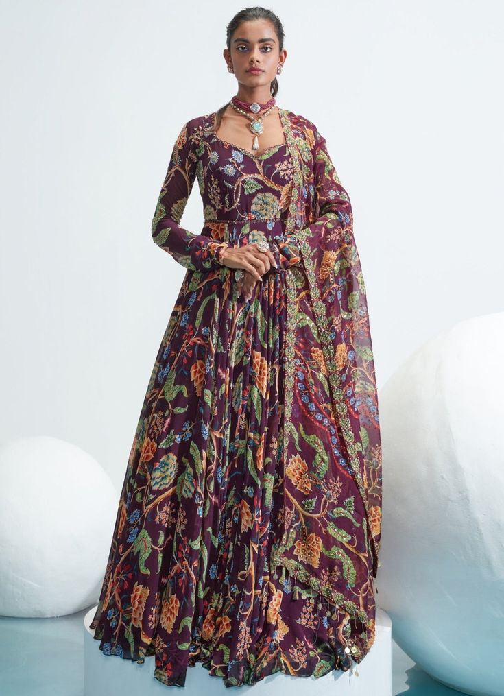 Purple Floral Printed Georgette Anarkali With Dupatta Mahima Mahajan - Fabilicious Fashion Purple Anarkali, Mahima Mahajan, Floral Anarkali, Anarkali Designs, Anarkali With Dupatta, Lehenga Style Saree, Indian Bridesmaid Dresses, Georgette Anarkali, Embroidered Anarkali