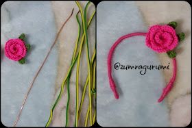 crocheted flowers are shown in three different pictures, one is pink and the other is green