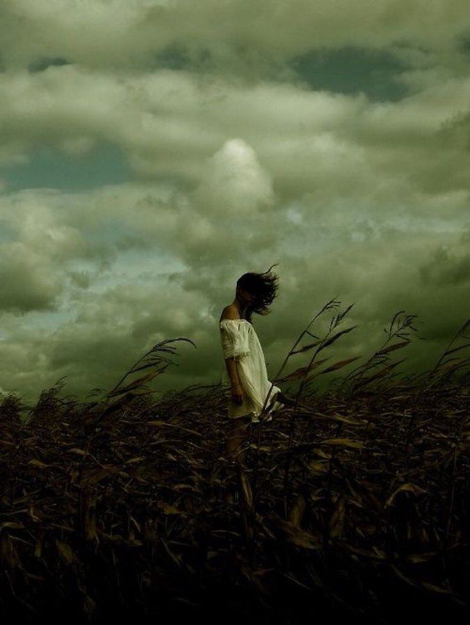 a woman standing in the middle of a field with her hair blowing in the wind