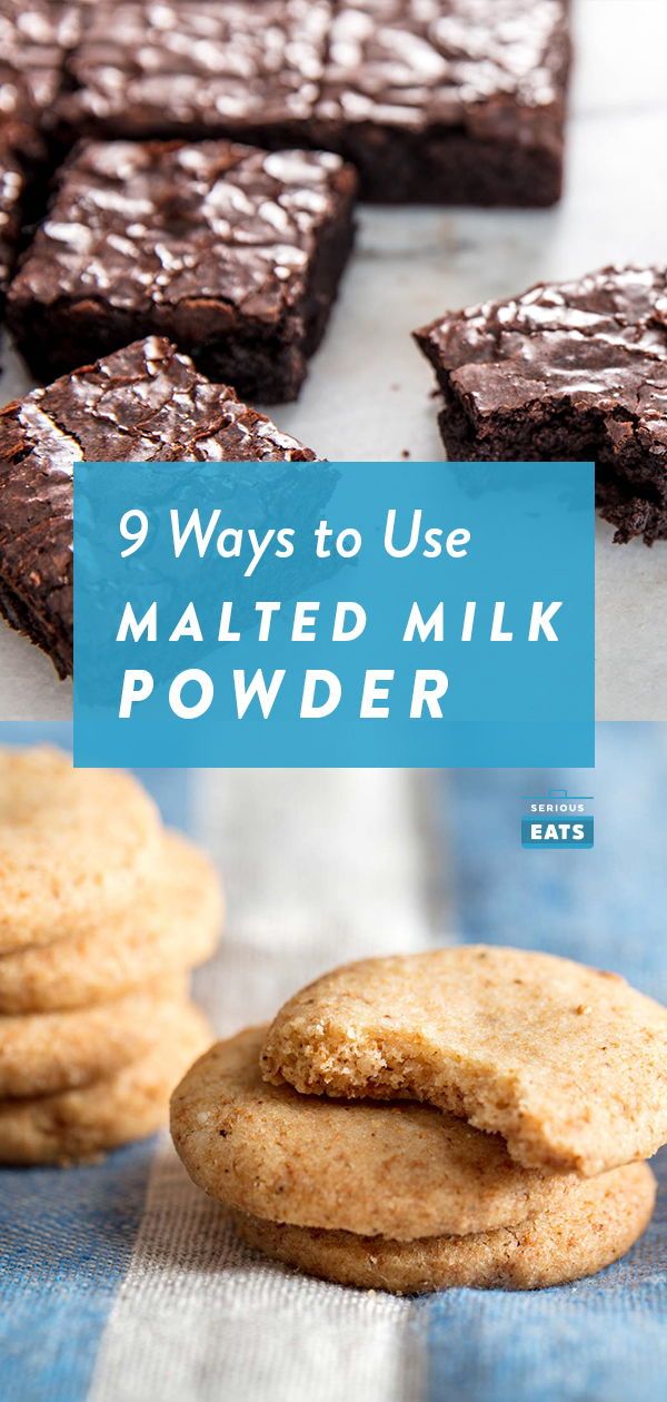 some cookies and brownies on a table with the words 9 ways to use malted milk