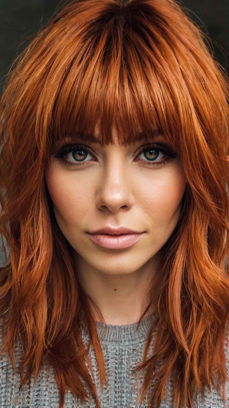 Ginger Makeup Edgy Copper Fringe Bold New Look Red Hair Fringe, Copper Hair With Bangs, Makeup Edgy, Ginger Makeup, Copper Fringe, Copper Hair Color Ideas, Edgy Hair Color, Copper Blonde Hair, Framing Highlights