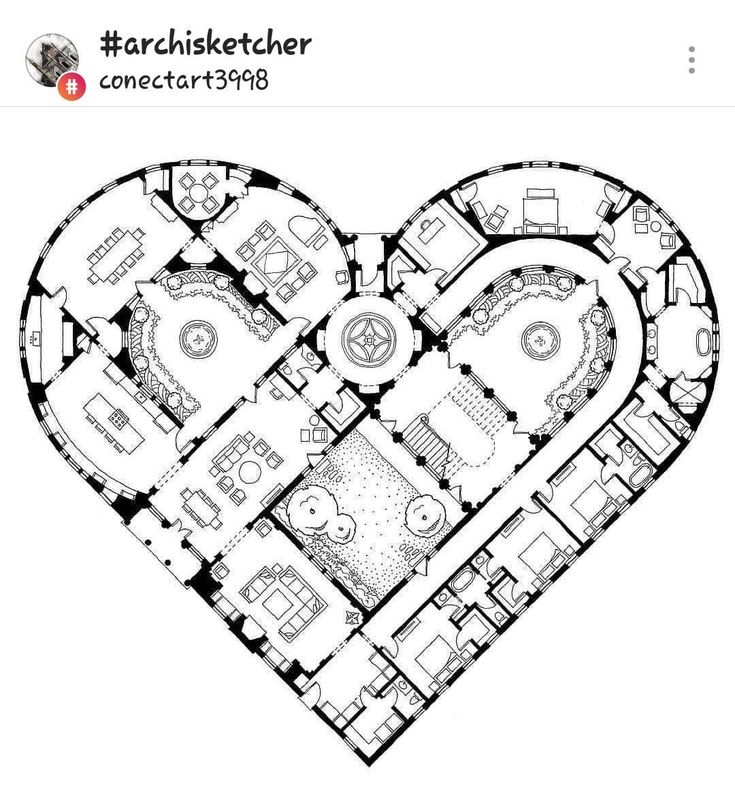 a heart shaped floor plan in black and white, with lots of rooms on each side