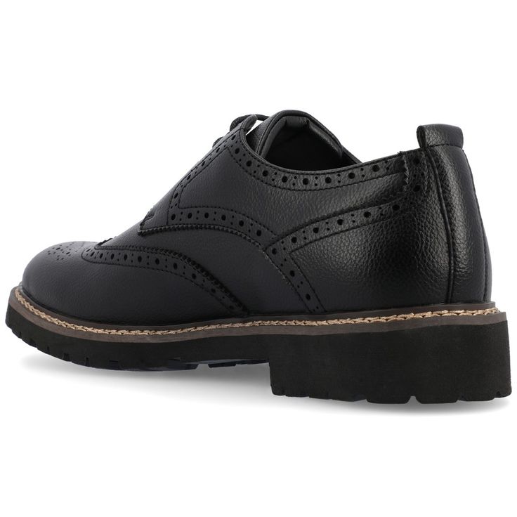 Introducing the Campbell wingtip derby by Vance Co. These professional-style shoes are crafted with premium vegan leather for a business-savvy look. Featuring a 12 mm Tru Comfort Foam™ insole and a lace-up design, they provide all-day comfort and a customizable fit. With a 1-1/4 inch block heel, round-toe shape, and padded tongue for extra comfort, the Campbell wingtip derby combines classic elegance with modern convenience, making it the perfect choice for the office or any professional setting Cushioned Oxfords With Round Toe For Office, Office Oxfords With Cushioned Footbed And Round Toe, Oxford Wingtip Derby Shoes For Office, Wingtip Oxford Dress Shoes For Work, Oxford Wingtip Dress Shoes For Work, Wingtip Dress Shoes With Leather Footbed For Work, Black Wingtip Derby Shoes For Office, Wingtip Oxfords With Cushioned Footbed For Business, Business Wingtip Oxfords With Cushioned Footbed