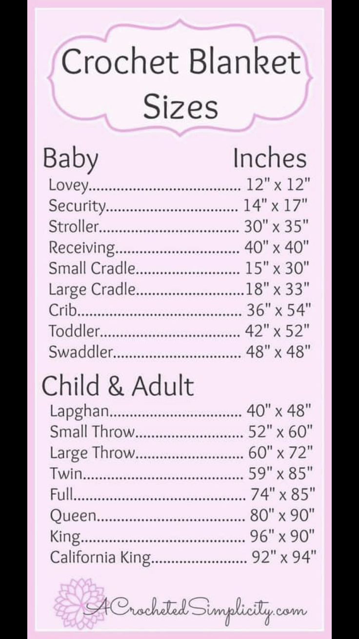 the size chart for crochet blanket sizes in pink and white with flowers on it