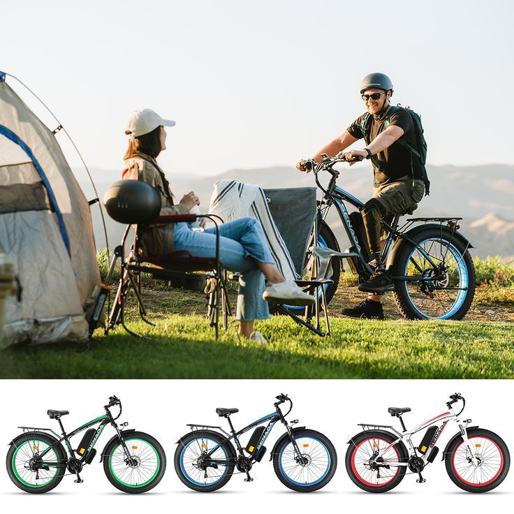 a man and woman sitting next to each other in front of a tent with their bikes