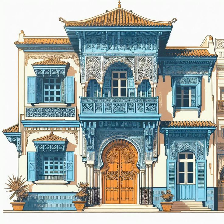 an architectural drawing of a house with blue and yellow trimmings on the windows