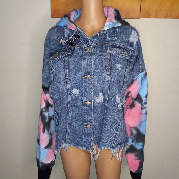 Thrill Denim Jacket New With Tags Size 1x, 2x,3x Distressed Denim Jacket With Tie Dye Sleeves Colorful And Stylish Pink Denim Jacket For Spring Streetwear, Trendy Pink Cotton Denim Jacket, Pink Denim Outerwear For Streetwear, Pink Washed Outerwear For Spring, Spring Pink Washed Outerwear, Pink Denim Jacket With Pockets, Oversized Pink Long Sleeve Denim Jacket, Oversized Pink Denim Jacket With Long Sleeves, Pink Denim Jacket For Streetwear