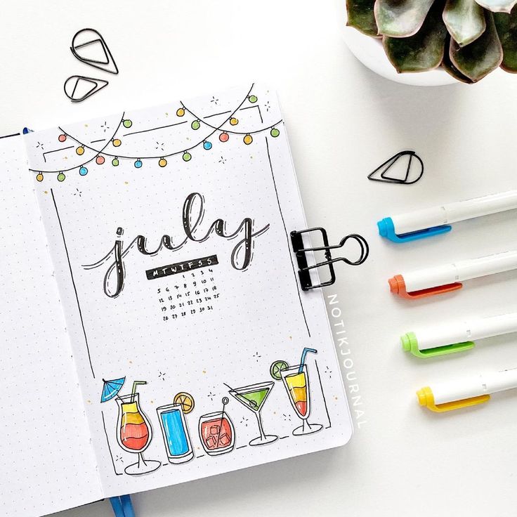 Cover page for July Bullet Journal - Cocktail Theme July Bullet Journal Ideas, Cocktail Party Theme, July Cover Page, July Bullet Journal, Bullet Journal Month, Cocktail Theme, Bullet Journal Spreads, Bullet Journal Cover Page, Creating A Bullet Journal