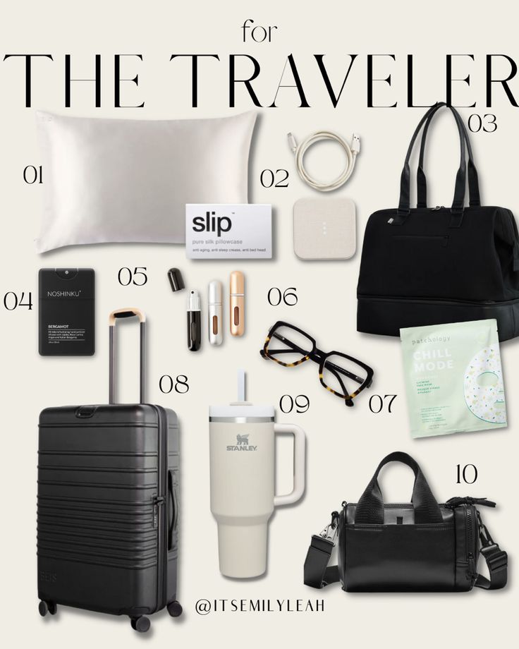 the contents of a travel bag are arranged on a white background with text that reads, for the traveler