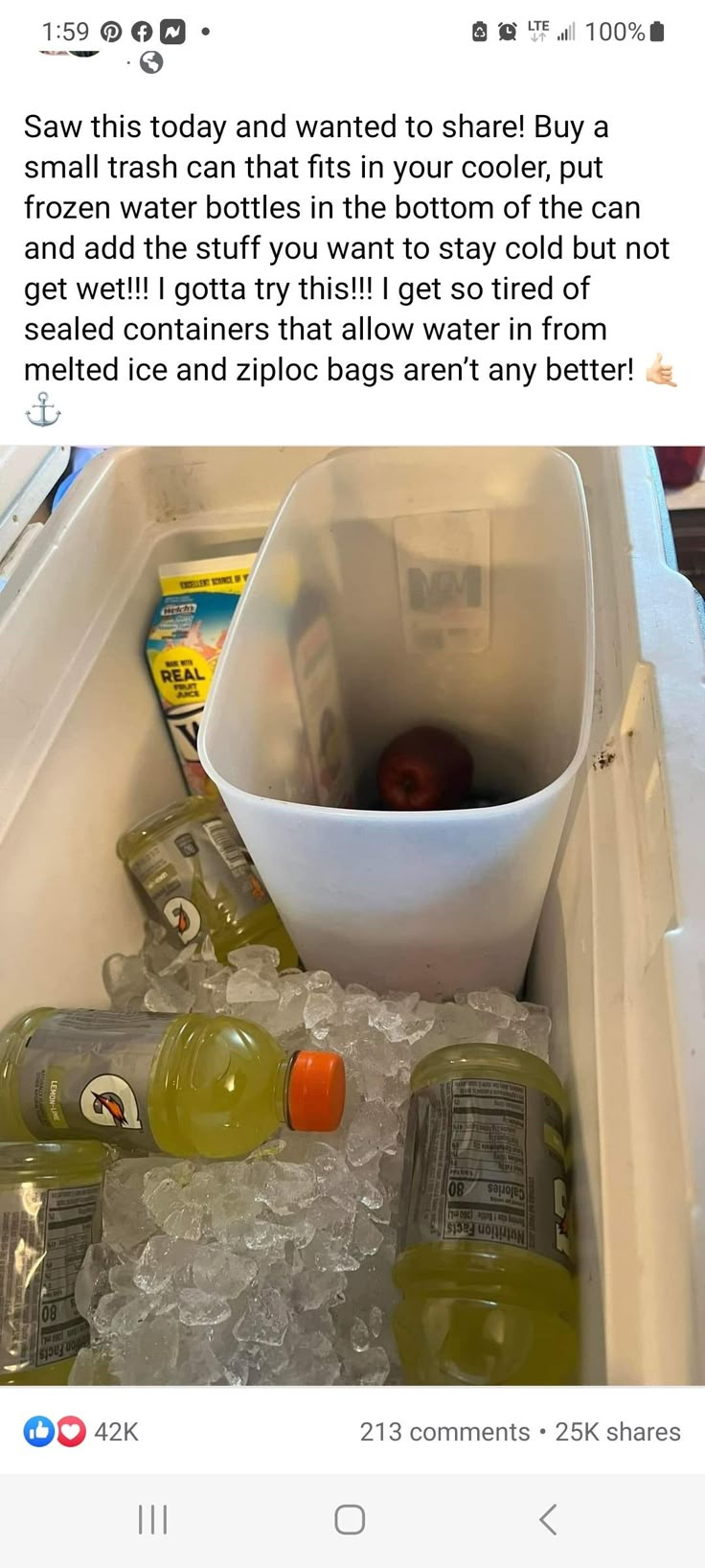 an open refrigerator filled with lots of ice and water bottles next to a white bowl