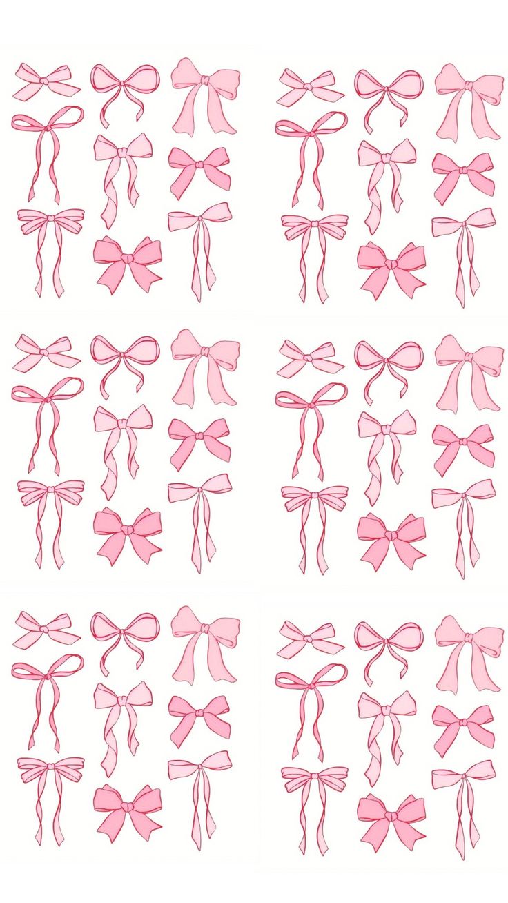 pink bows and ribbons are arranged in rows on a white background, each with different colors