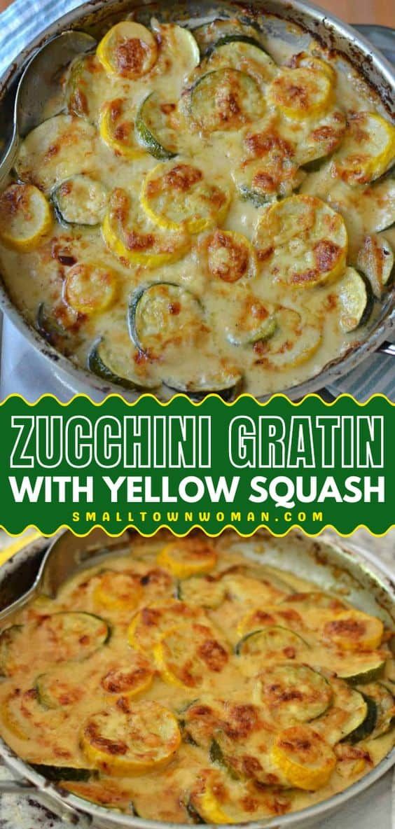 zucchini gratin with yellow squash in a pan