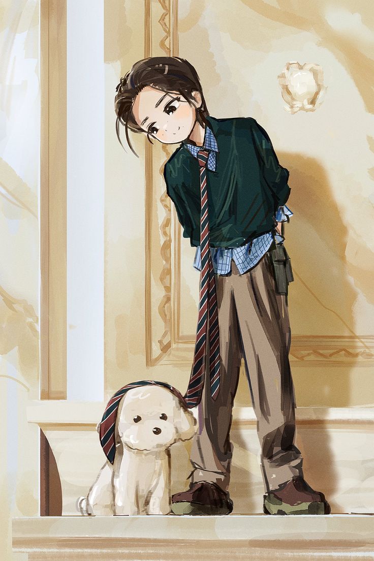 a young man standing next to a white dog