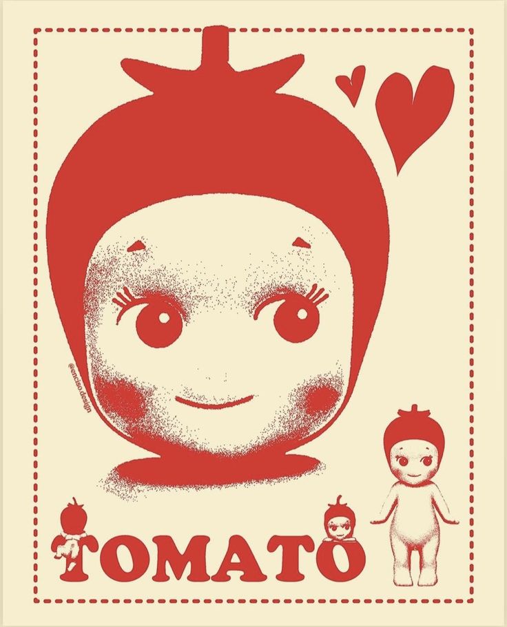 a red and white poster with an image of a woman's head in the shape of a tomato