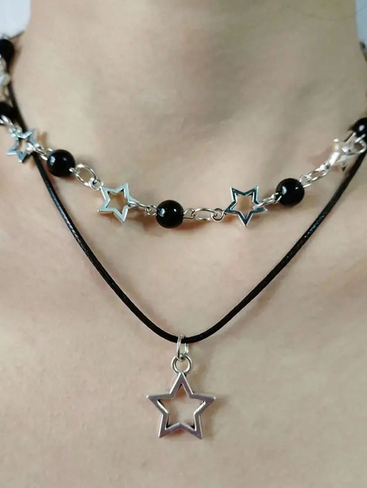 Black,Pink,White,Swirl Black,Swirl,Star Swirl Fashionable Collar  Copper Alloy   Embellished   Women Fashion Jewelry Simple Star Necklace, Rockstar Gf Jewelry, Goth Jewelry Aesthetic, Indie Necklaces, Collar Aesthetic, Pines Aesthetic, Star Items, Goth Jewellery, Black Necklaces