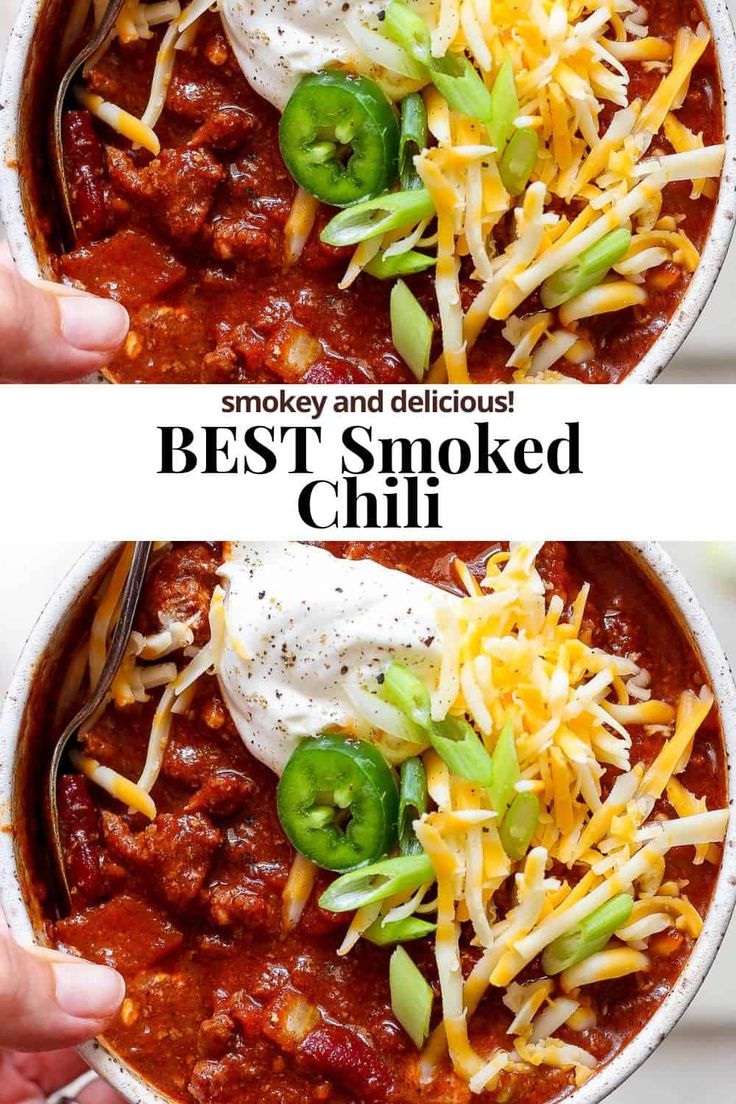 two pictures of chili with cheese and green peppers