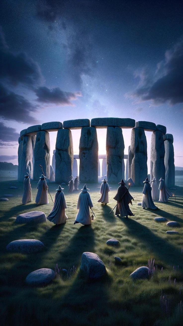 some people are standing in front of the stonehenge at night with their backs to the camera