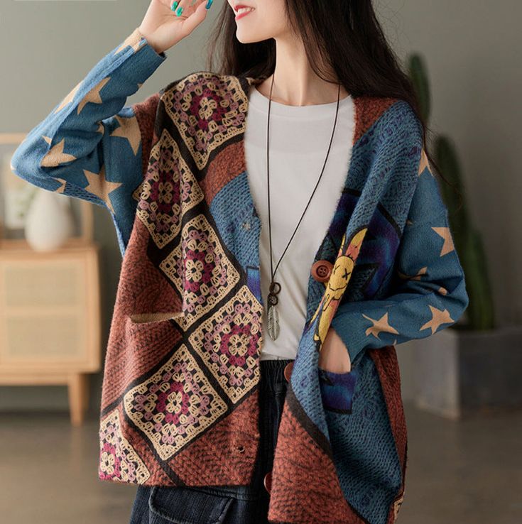 Print Retro Loose Fit Cardigan Multicolor V-neck Outerwear For Fall, Casual Multicolor V-neck Cardigan, Cotton V-neck Sweater With Pockets, Multicolor V-neck Outerwear For Layering, Fall V-neck Patchwork Outerwear, Fall Patchwork V-neck Sweater, Vintage V-neck Cardigan For Layering, Vintage Oversized V-neck Outerwear, Oversized V-neck Vintage Cardigan