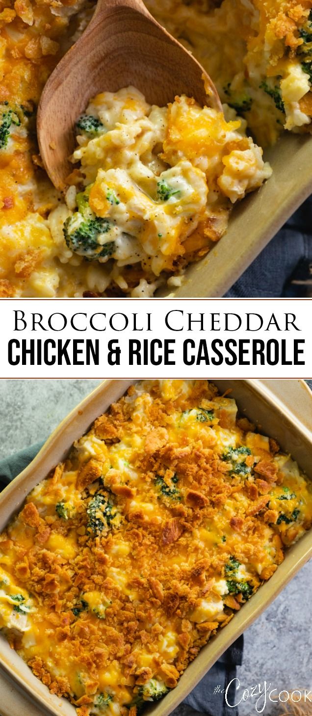 broccoli cheddar chicken and rice casserole in a baking dish