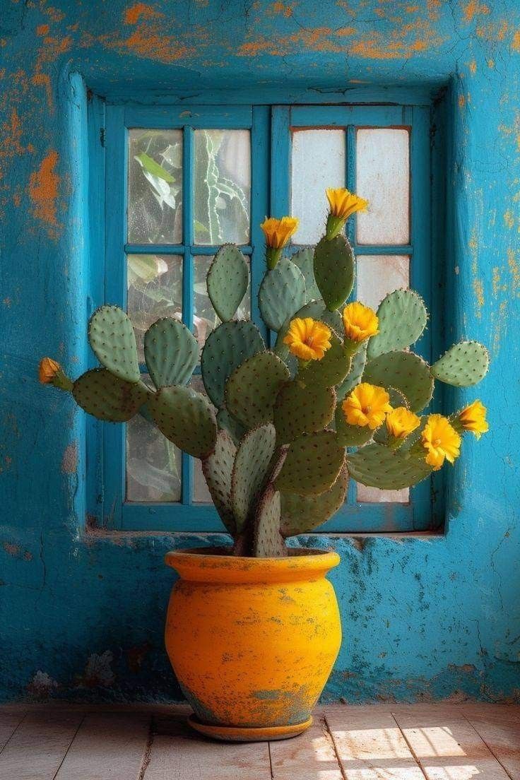 a potted plant with yellow flowers in front of a blue painted wall and window