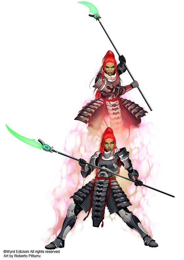 two women dressed in armor holding swords and wearing red hair, standing next to each other