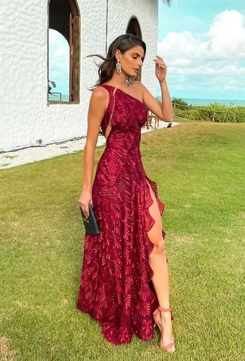 Elegant One Shoulder Red Lace Prom Evening Dresses with Slit sold by Vickidress on Storenvy Robes Glamour, Prom Dress Inspiration, Cute Prom Dresses, فستان سهرة, Pretty Prom Dresses, Gala Dresses, Glam Dresses, Long Prom Dress, Evening Dresses Prom