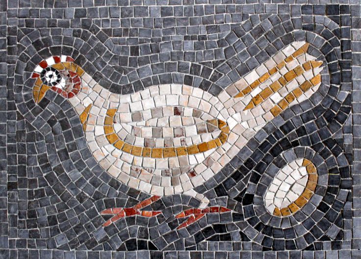 a bird is depicted on a mosaic tile wall