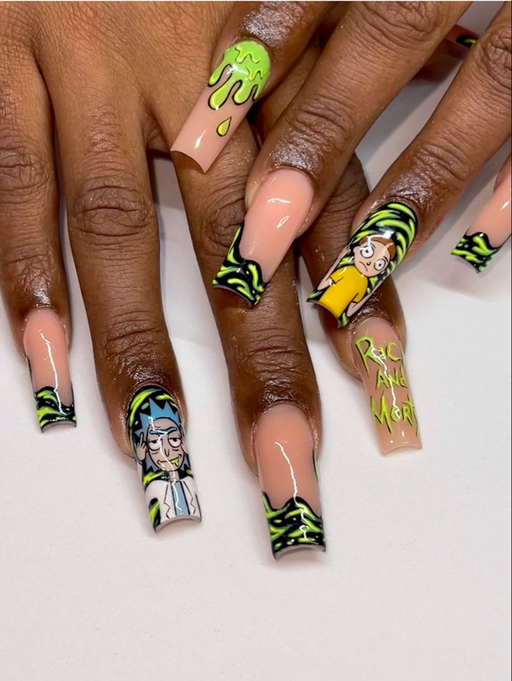 Rick And Morty Halloween Nails, Rick And Morty Acrylic Nails, Rick And Morty Nails Simple, Boondocks Nail Art, Rick Morty Nails, Pickle Rick Nails, Rick And Morty Nail Designs, Boondocks Nails, Short Character Nails