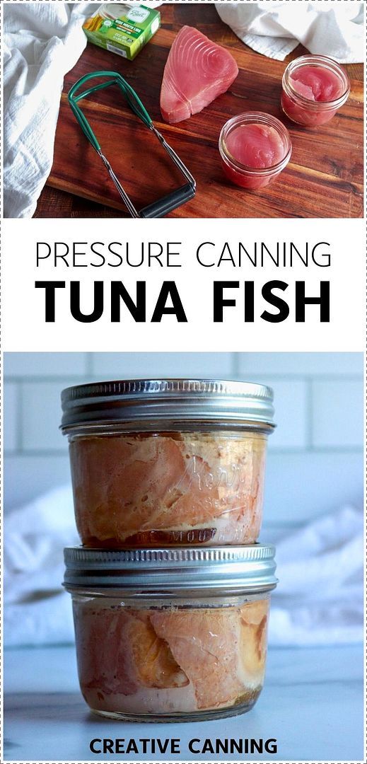 three jars filled with tuna fillets on top of a wooden table next to an image of