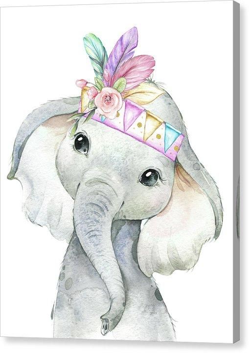 an elephant with a hat on it's head is shown in this watercolor painting