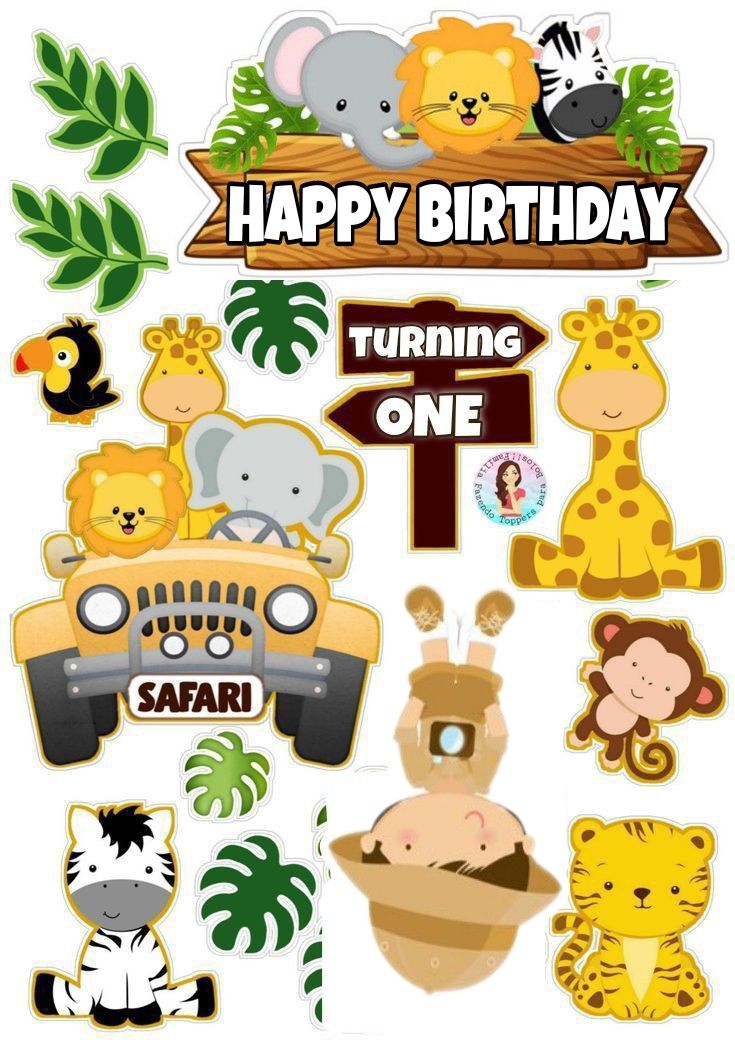 a happy birthday card with animals and cars