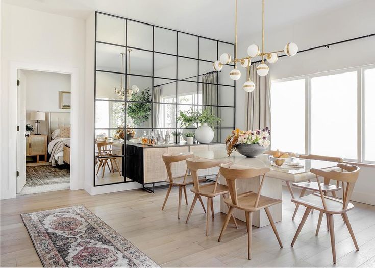 the dining room table is surrounded by chairs and an area rug in front of it