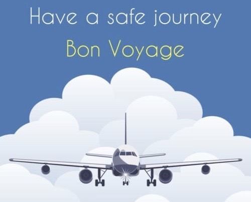 an airplane is flying in the sky with words above it that read, have a safe journey bon voyage