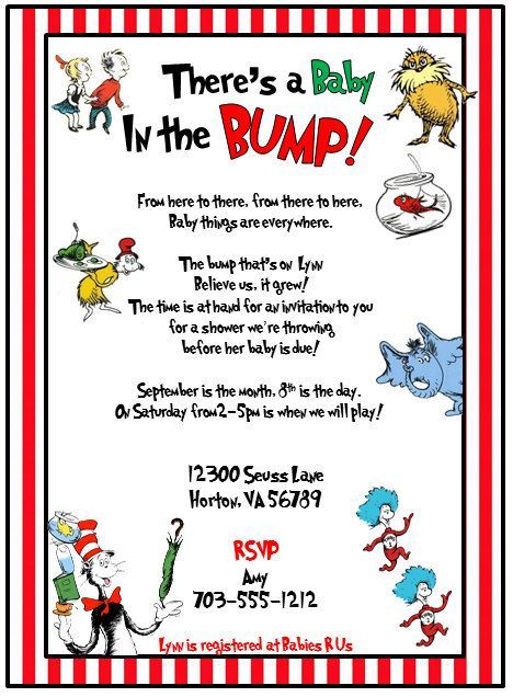 the cat in the hat baby shower party poster with dr seuss and his friends