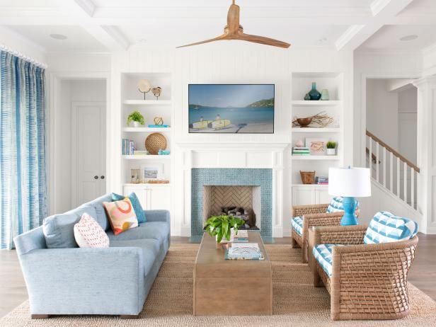 a living room filled with furniture and a flat screen tv mounted above a fire place