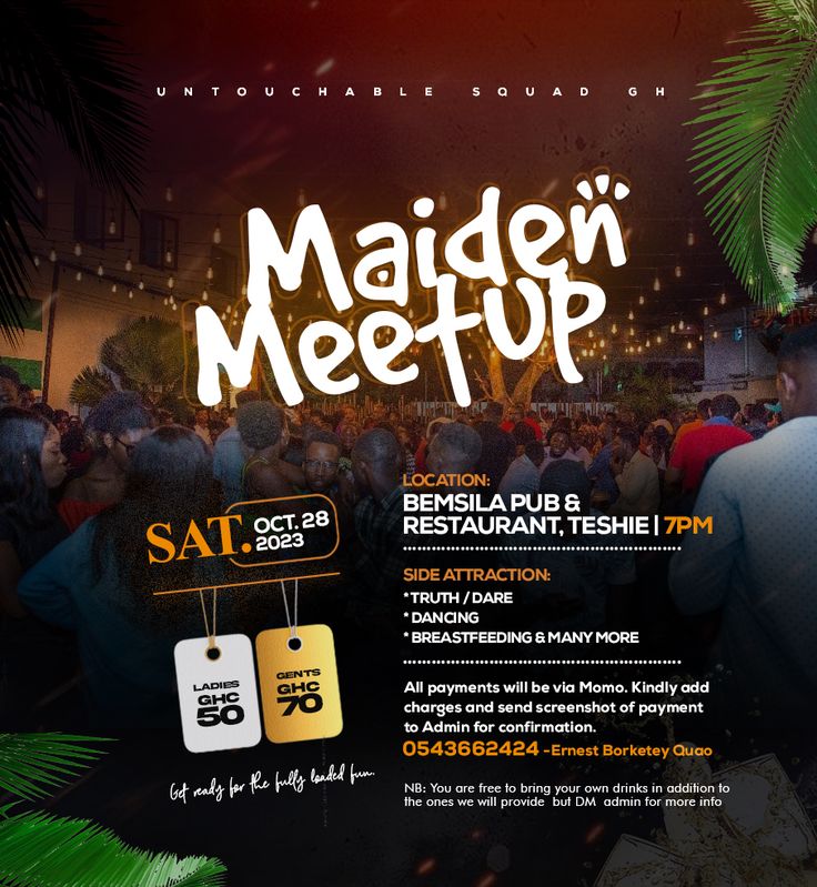 an advertisement for a restaurant called maiden meetup with people standing in the background