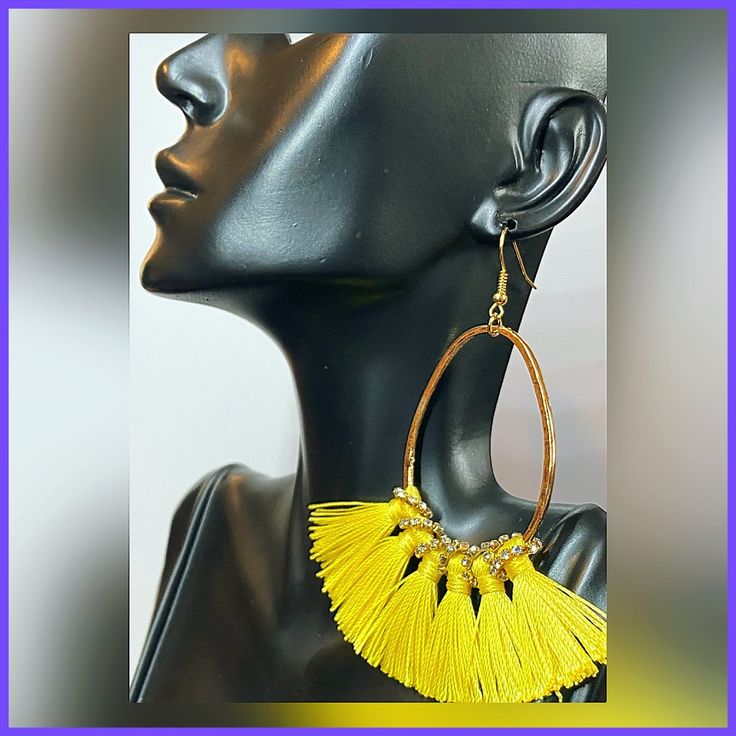 New! Same Day Or Next Business Day Shipping On All Orders Swipe Or Scroll To Observe Visual Measurements Amongst Additional Photos. Beautifully Crafted, Medium Hoop, Yellow Thread Tassel Earrings. 4” (Inches) Long Pic With $0.25 / Quarter So As To Indicate Size. Gold Tone Hardware. Cocktail Jewelry | Drop Earrings | Boho | Bohemian | Chandelier | Ear | Elegant | Pretty | Party | Date | Formal | Semi-Formal | Special Occasion | Statement Accessory Gold Dangle Tassel Earrings For Spring, Gold Tassel Drop Earrings For Spring, Gold Tassel Earrings For Spring Gift, Trendy Gold Tassel Earrings For Summer, Trendy Yellow Party Earrings, Yellow Jewelry For Spring Party, Yellow Dangle Hoop Earrings For Party, Yellow Jewelry With Ear Wire For Party, Yellow Spring Party Jewelry