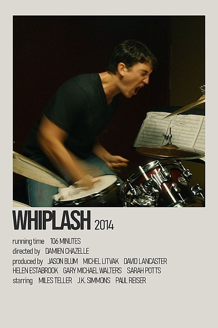 a man playing drums in front of an advertisement for whiplash 2014, with music sheets behind him