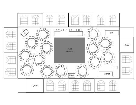 the floor plan for a restaurant with tables, chairs and seating areas on each side