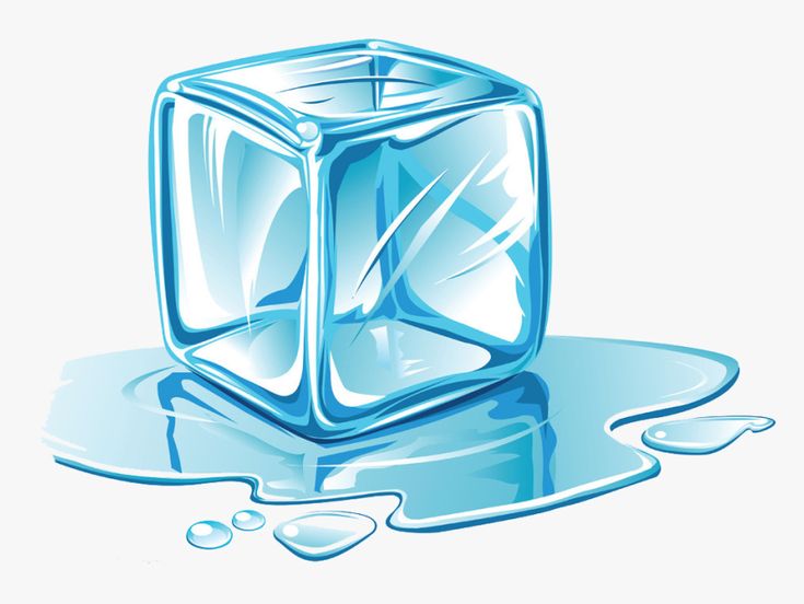 an ice cube sitting on top of a puddle of water next to a drop of water