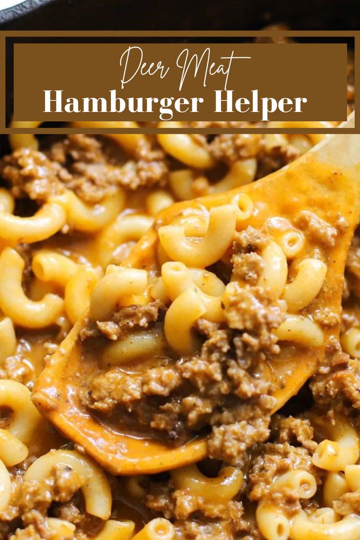 hamburger helper recipe in a skillet with a wooden spoon and text overlay