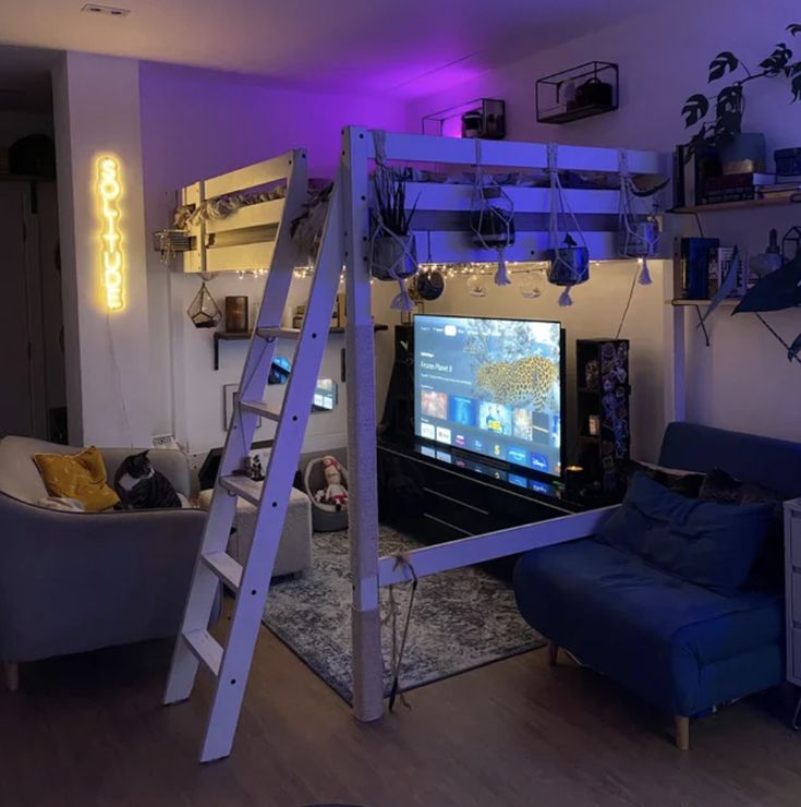 a living room with a loft bed and a ladder to the top of it that has a tv on