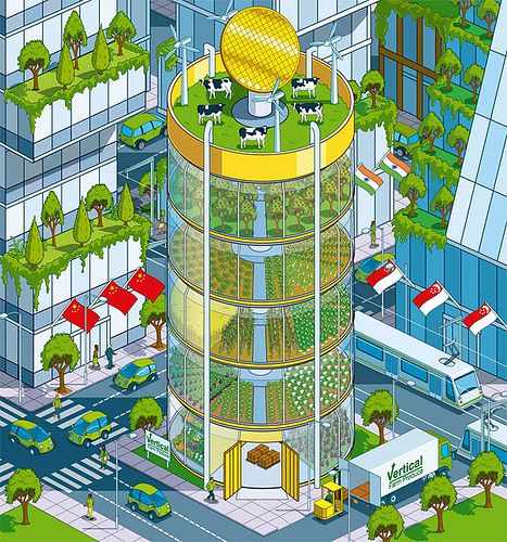 an illustrated image of a building with plants growing on it