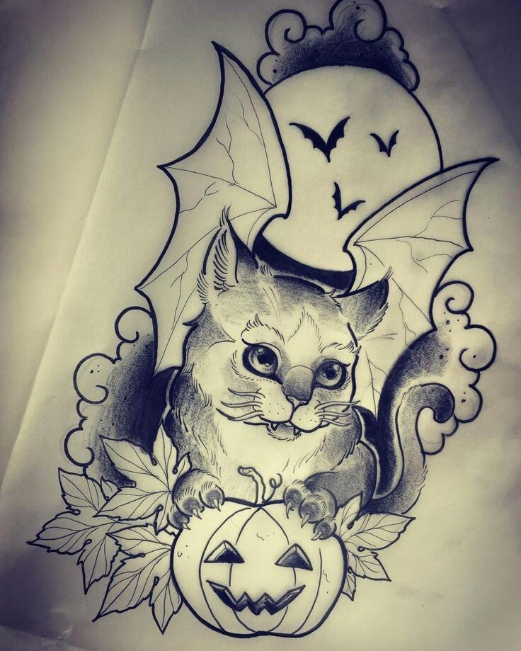 a drawing of a cat sitting on top of a pumpkin with bats around it's neck