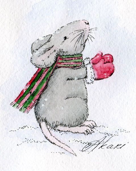 a watercolor drawing of a mouse holding a heart in it's paws and wearing a scarf around its neck