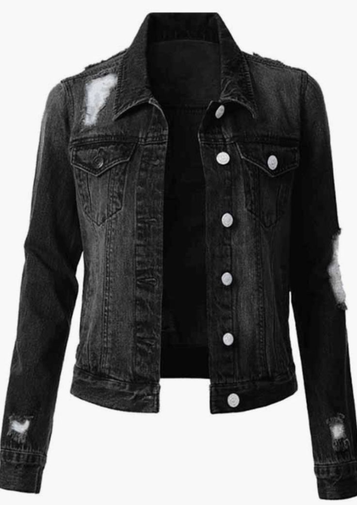 Classic black denim jacket. This classic, sturdy denim jacket boasts a structured collar, buttoning pockets and cuffs, matching front welted pockets, and a full button placket. Trendy distressed details throughout. Runs true to size. Ripped Jacket, Demin Jacket, Black Jean Jacket, Long Sleeve Denim Jacket, Black Jean, Classic Jacket, Denim Color, Distressed Denim Jacket, Women's Jackets