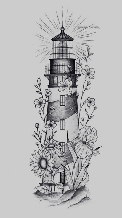 a black and white drawing of a lighthouse with flowers